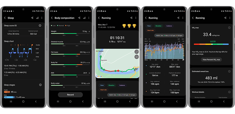 The Health app shows a number of tracking options for the Galaxy Watch 5 Pro. Screenshots showing the Health app options on the Galaxy Watch 5 Pro