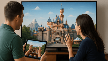Un couple regarde un château Disney à la télévision tout en tenant une tablette montrant des montagnes russes.