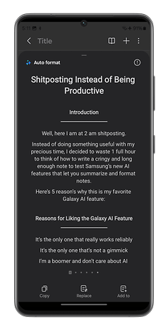 Captures d'écran de l'application Samsung Notes du Galaxy S24 Ultra