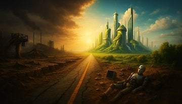 A dystopian landscape with a robot and a futuristic city emerging from the horizon.