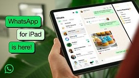 WhatsApp for iPad launch announcement on a tablet screen with chat interface.