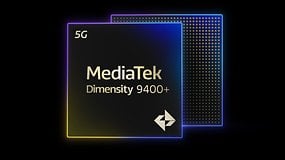 Logo MediaTek Dimensity 9400+ avec le texte 5G sur fond sombre.