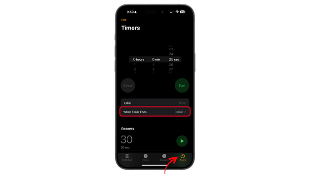 iPhone-Uhren-App zeigt Timer-Einstellungen mit Optionen für Stunden, Minuten und Sekunden.