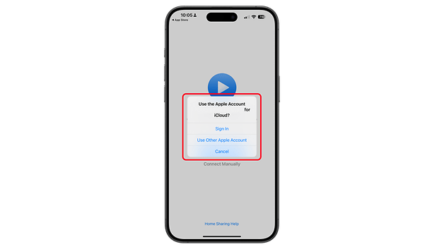 iPhone-Bildschirm zeigt ein Pop-up, das fragt, ob ein Apple-Konto für iCloud verwendet werden soll, mit Optionen zum Anmelden oder Abbrechen.